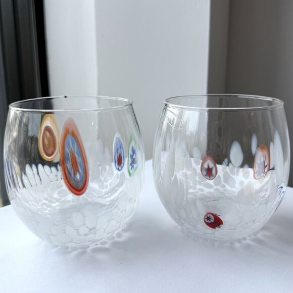 Murano Millefiori Hand Blown Art Glass Stemless Wine Glasses Set of 2 - 3 3/4" - Picture 4 of 9